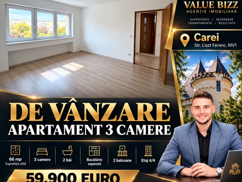 DE VÂNZARE | APARTAMENT 3 CAMERE | CAREI – MV1